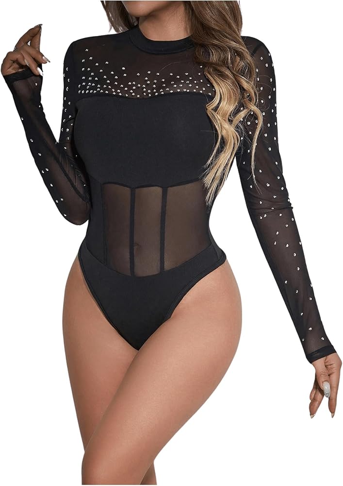 MakeMeChic Women's Rhinestone Sparkly Mesh Sheer Mock Neck Long Sleeve Bodysuit Leotard Shirt Tops