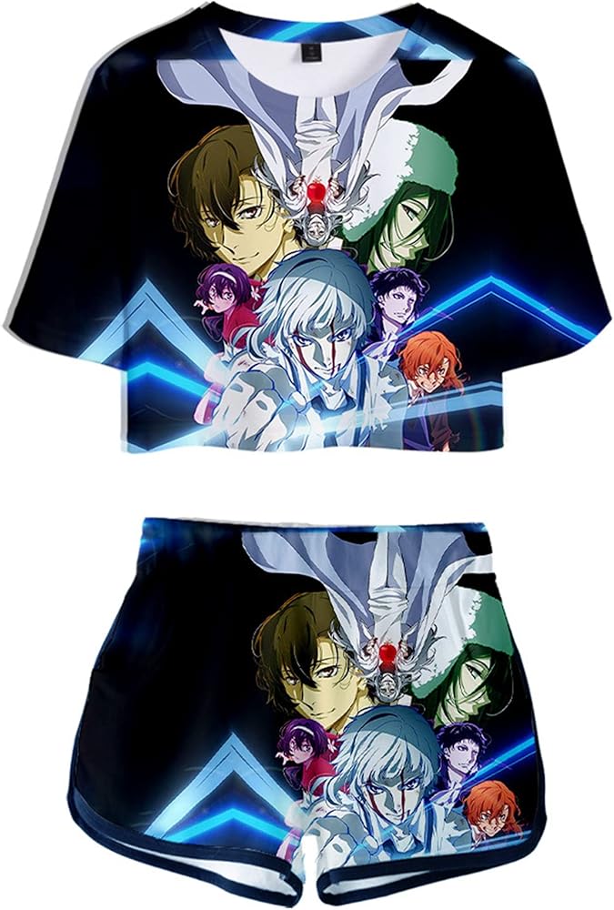 Anime Bungo Stray Dogs 2 in 1 Outfits Crop Top T-Shirt and Shorts Set for Women Girls