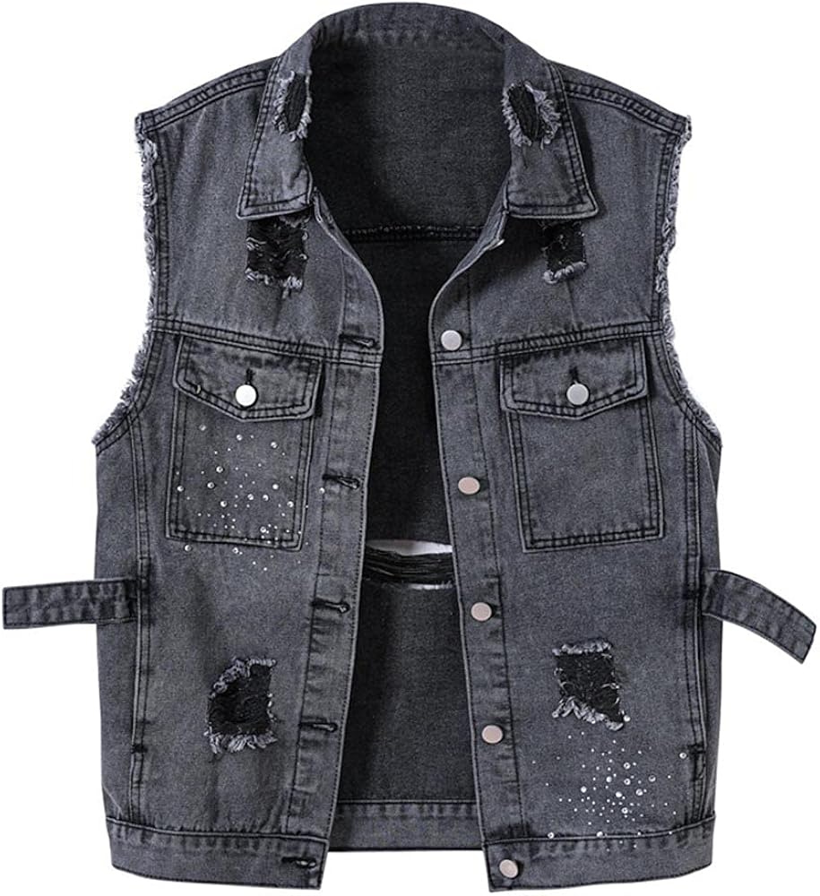 LifeShe women's ripped distressed sleeveless denim vest jean jacket waistcoat