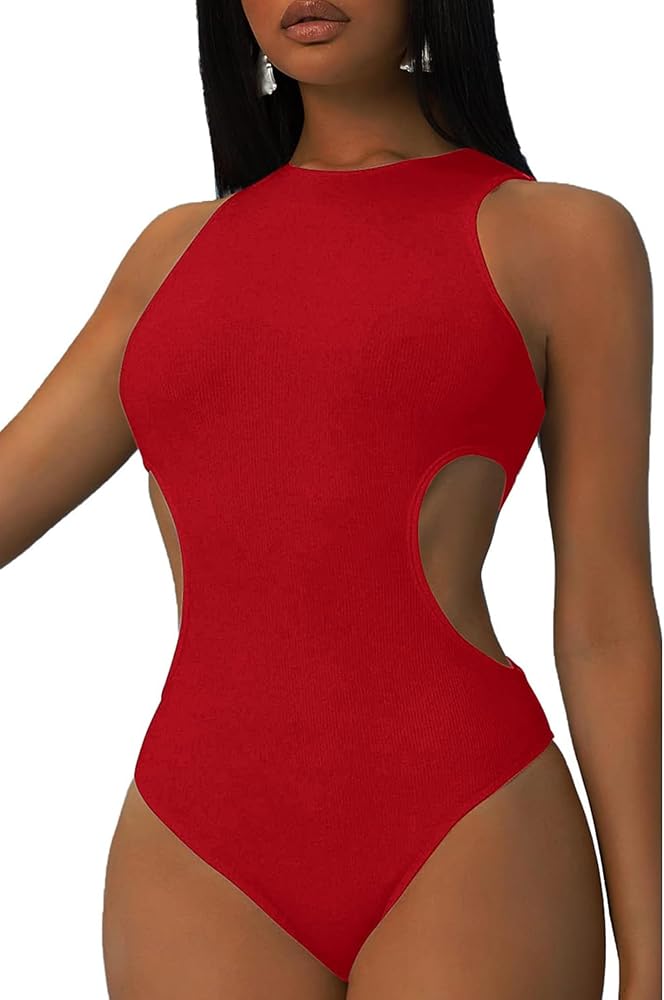 LovelyWholesale Women's Sleeveless Cut Out Bodysuit Crew Neck Ribbed Leotard Tops Red Small