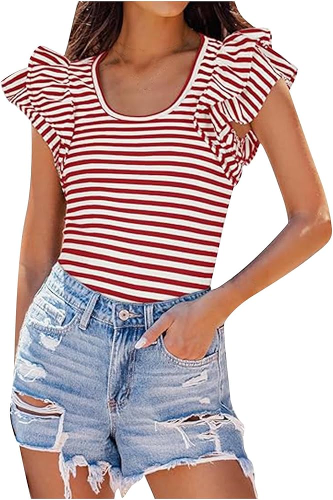 Women's Layered Ruffle Cap Sleeve Scoop Neck Blouse Tee Tops Bodysuits Slim Fit Casual Striped Summer Tops Outdoor