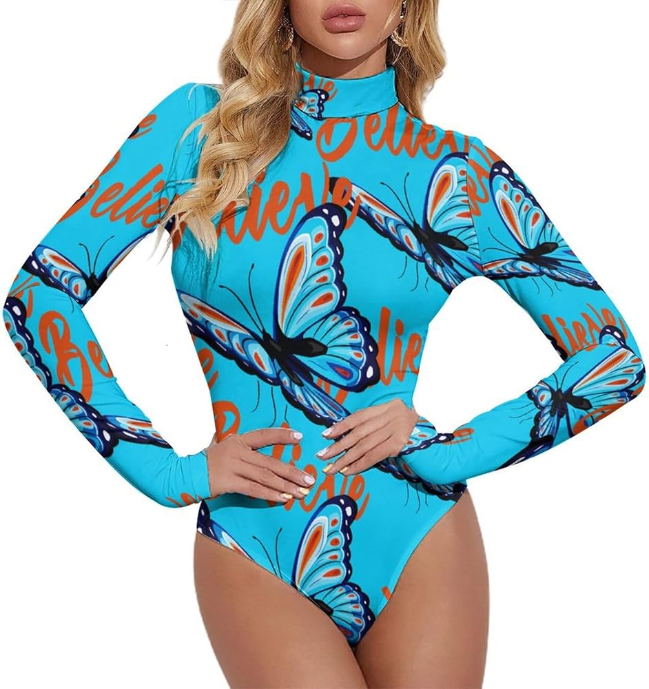 Blue And Red Butterfly Women's Bodysuit Tops Turtle Neck Long Sleeve Jumpsuit Print T Shirt