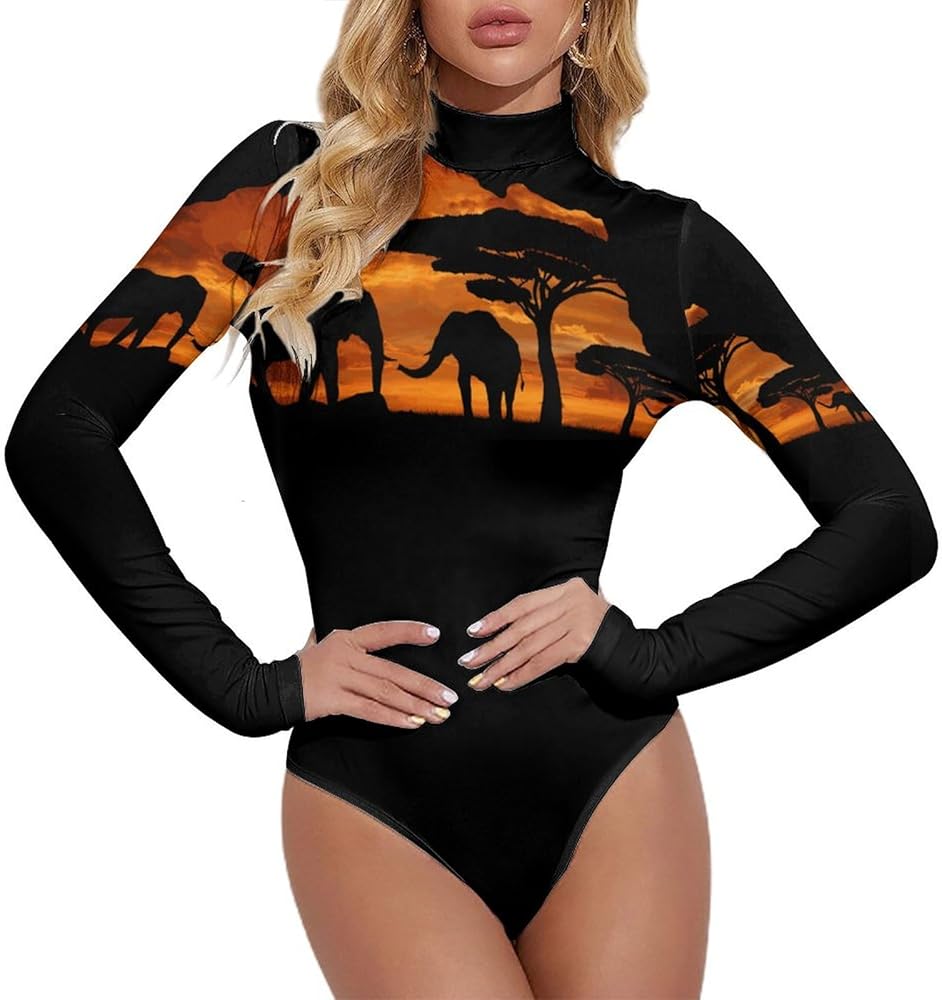 AFRICAN SAFARI MAP Women's Bodysuit Tops Turtle Neck Long Sleeve Jumpsuit Print T Shirt