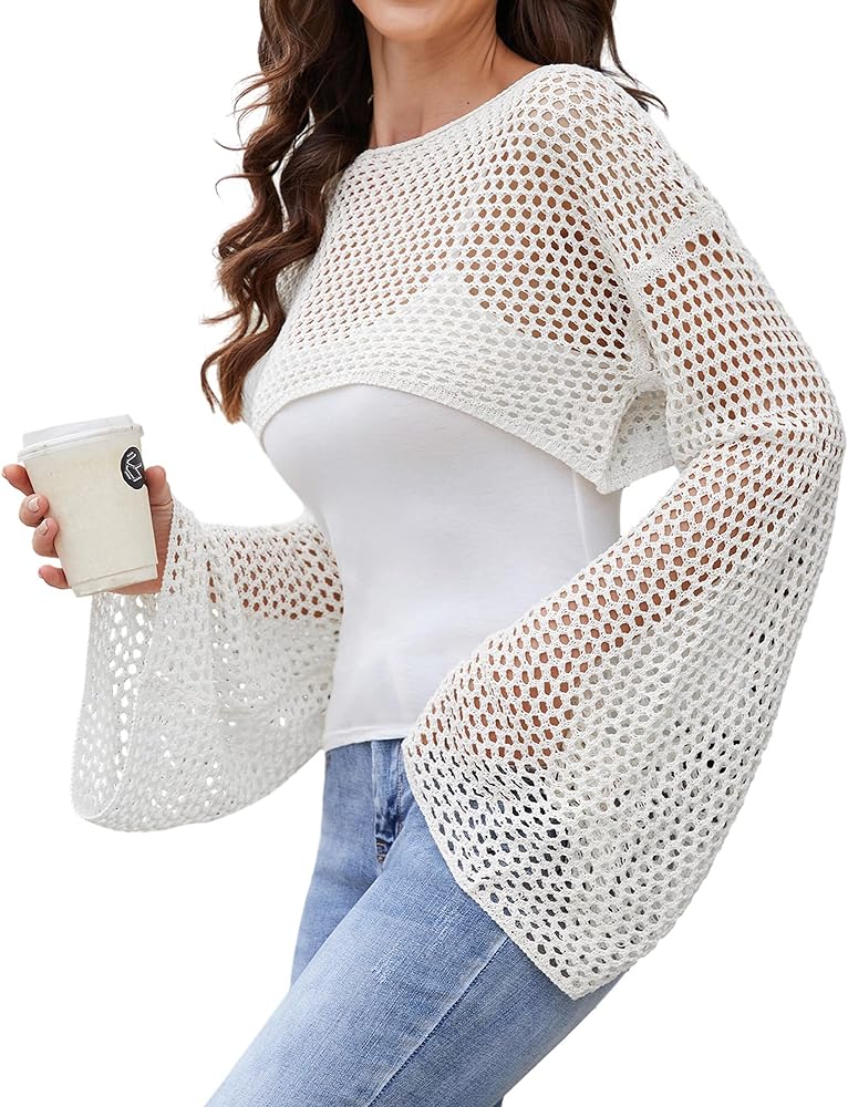 Women Long Sleeve Y2K Crop Tops Hollow Out Crochet Shrug Bolero top See Through Loose Cover Up Mesh Pullover