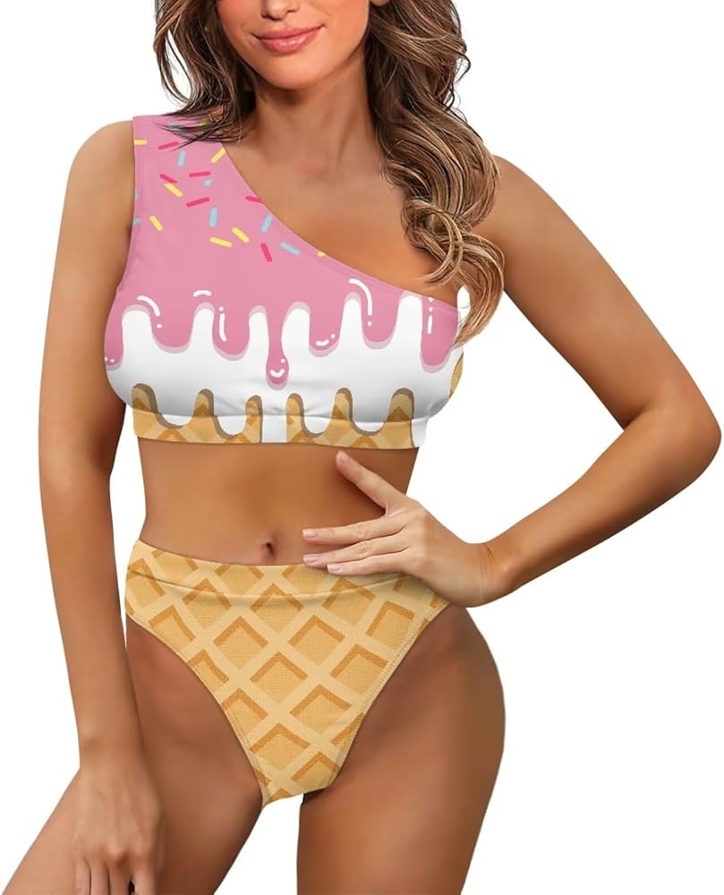 Pink Ice Cream Two Piece Swimsuit for Women One Shoulder Plus Size Bathing Suits Slimming Cover ups for Swimwear for Teen Girls Bikini Sets