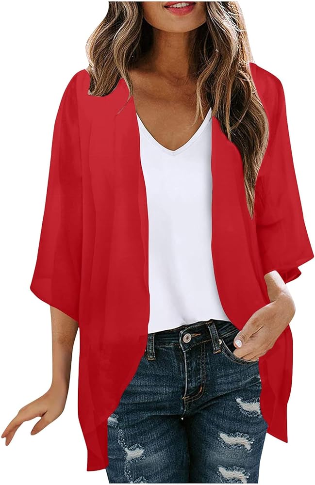 Kimono Cardigan for Women Ladies Summer Lightweight Puff Sleeve Cover Up Casual Tops Beach Clothes