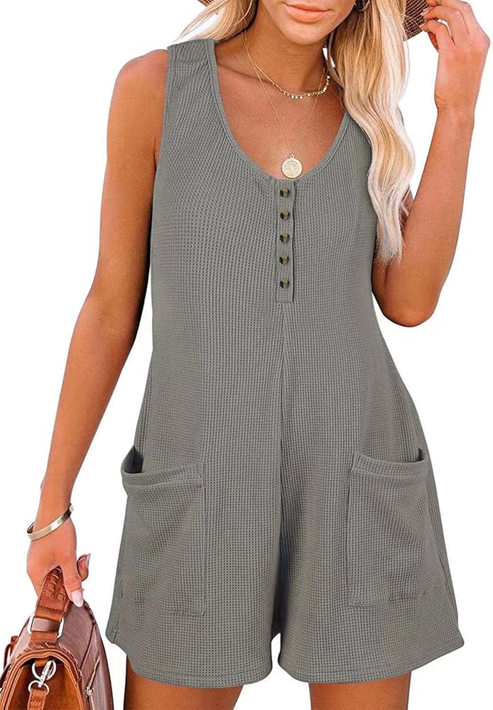 Womens Rompers Summer Sleeveless Shorts Jumpsuits Loose Waffle Knit Button Tank Romper With Pockets