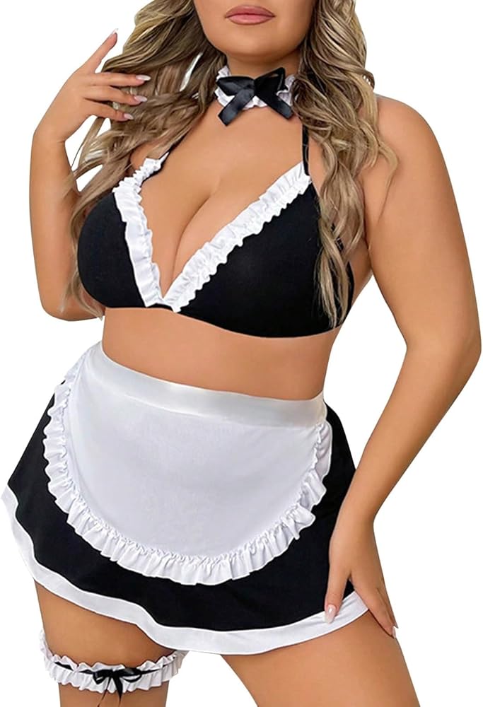 Maid Outfit Japanese Anime Cosplay Lace Sexy Mesh Thong French Maid Lingerie Set with Choker