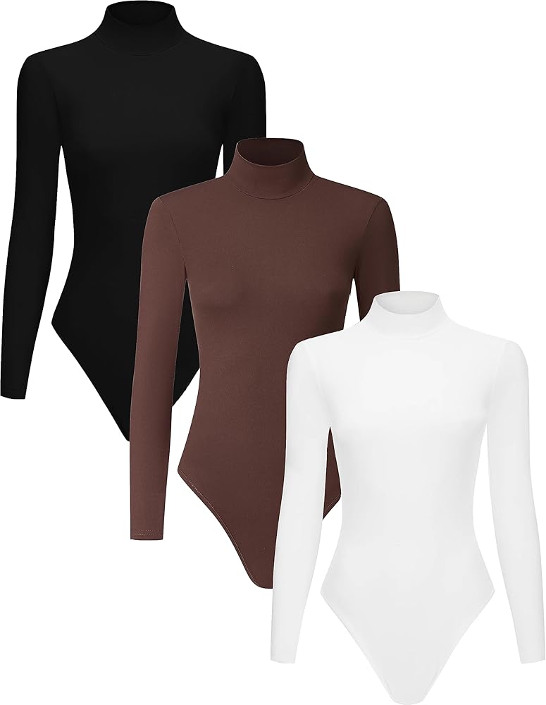 3 Piece Women's Mock Turtle Neck Long Sleeve Bodysuit T Shirts Body Suit Tops