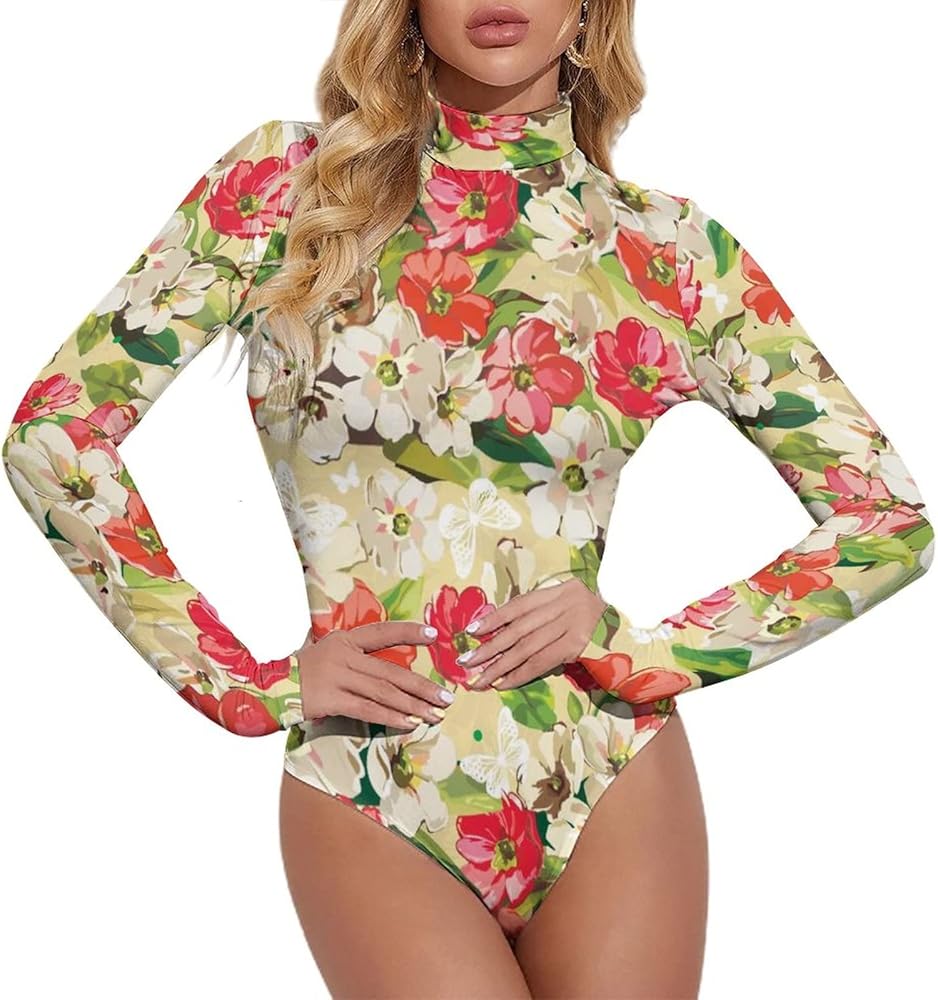 Women Floral Print Mock Neck Long Sleeve Slim Fit Bodysuit Jumpsuit Tops