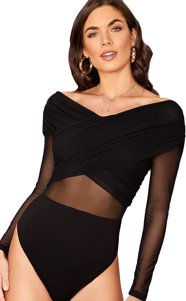 Verdusa Women's Sheer Mesh Cross Wrap Long Sleeve Skinny Leotard Bodysuit Top