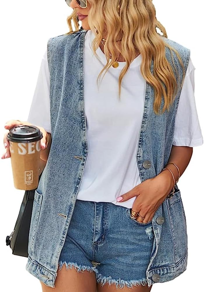 Women's Denim Jean Vest Oversized Jacket Button Down Collarless Sleeveless Outerwear Waistcoat Jacket