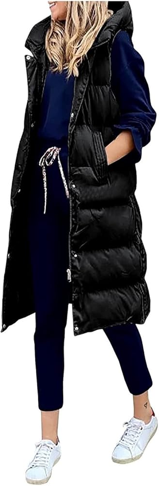 Long Cotton Puffer Jacket Women Sleeveless Coat Vest Chic Zipped Hooded Jackets Winter