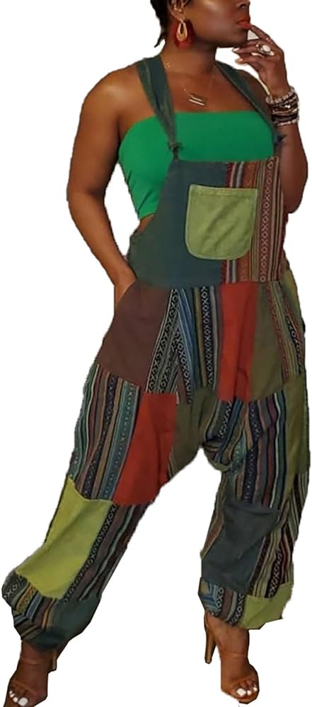 Women's Boho Harem Patchwork Overalls Jumpsuits,Wide Leg Spaghetti Strap Bib Overall with Pockets（S-3XL）