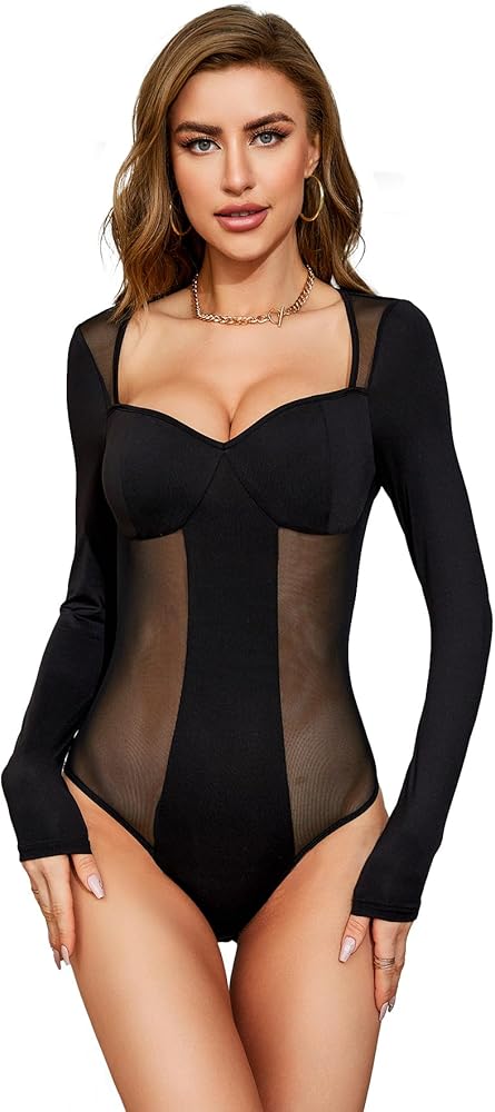 WDIRARA Women's Sheer Mesh Sweetheart Neck Long Sleeve Skinny Bodysuit Tops