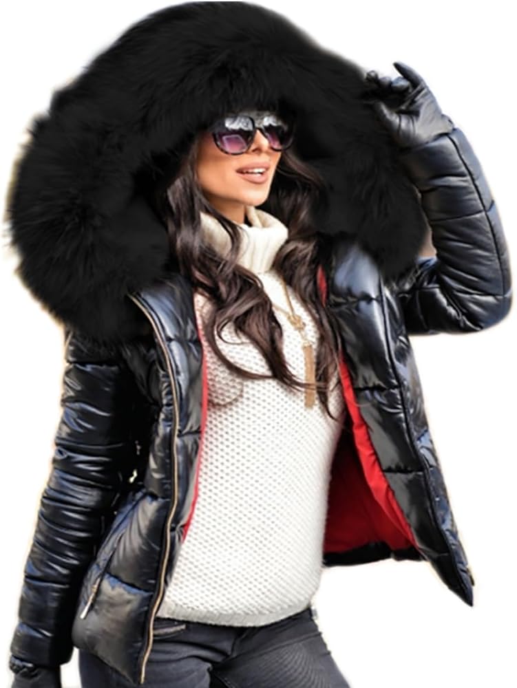 Women's Winter Thicken Coat Lightweight Short Down Jacket Quilted Parka with Fur Hood