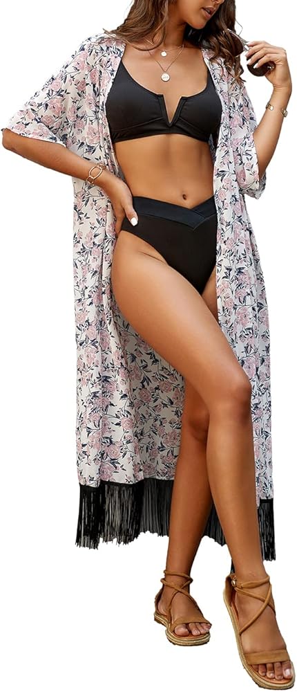 Eddoyee Chiffon Open Front Swimsuit Cover Up for Women Floral Print Beach Kimono Cardigans