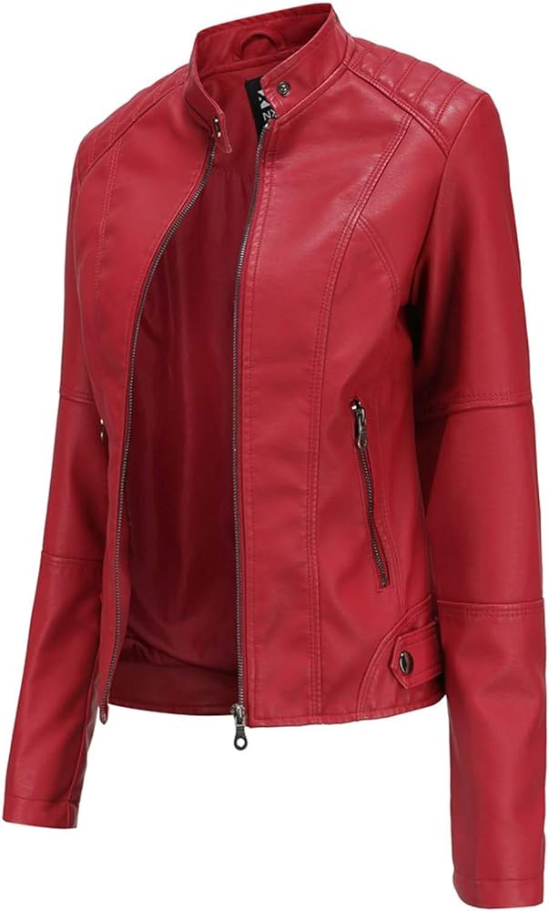 Womens Faux Leather Long Sleeve Jackets Collar Long Sleeve Outwear Cool Slim Jacket Coat for Plus Size Moto Biker