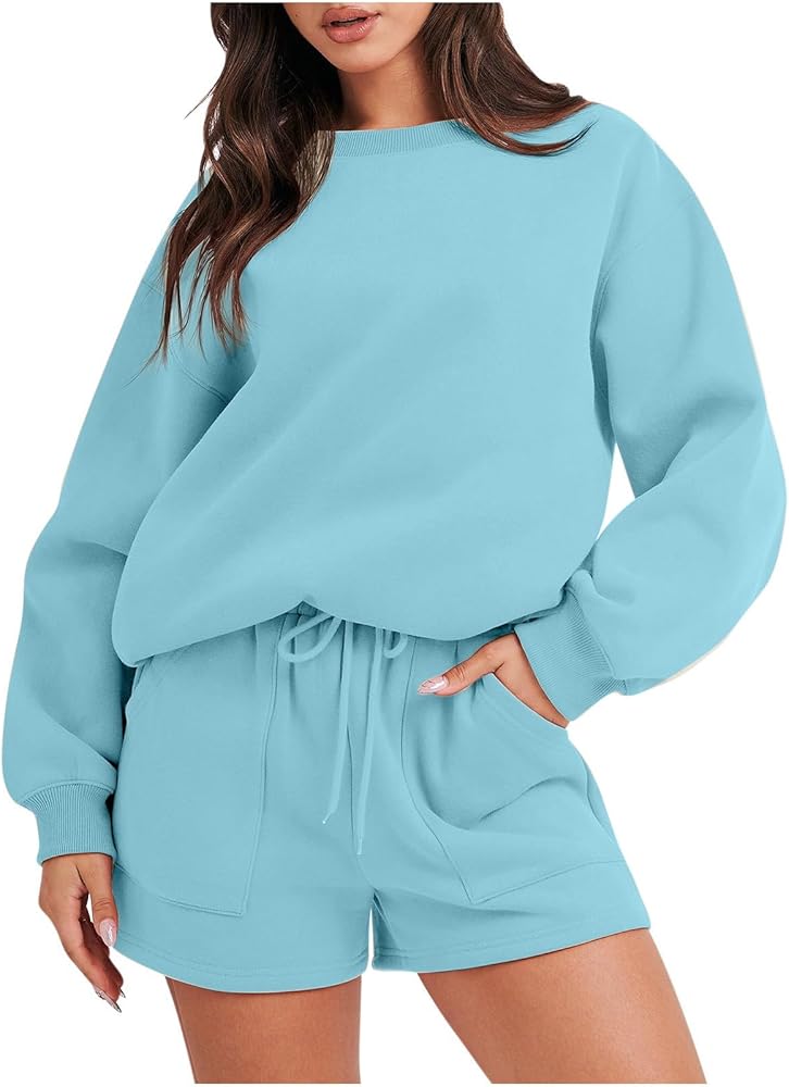 My Orders Plus Size 90S Outfits for Women Sweatshirt Sets for Women 2 Piece Shorts Hoodie Set Sport Shorts with Pockets 2023 Fashion Trends Women Outfits Light Blue Small