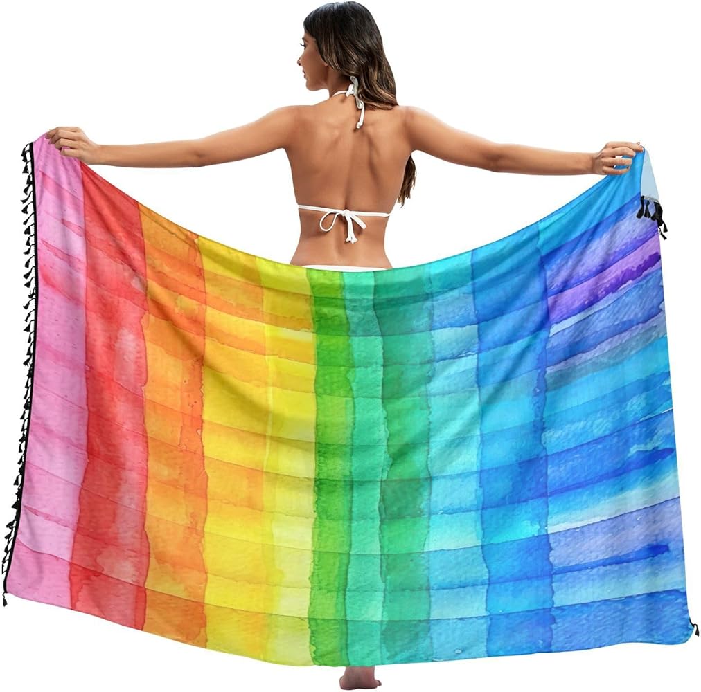 Beautiful Rainbow Stripes Women Beach Sarong Bating Suit Cover Ups Wrap Skirt Bikini Pareo for Swimwear-L