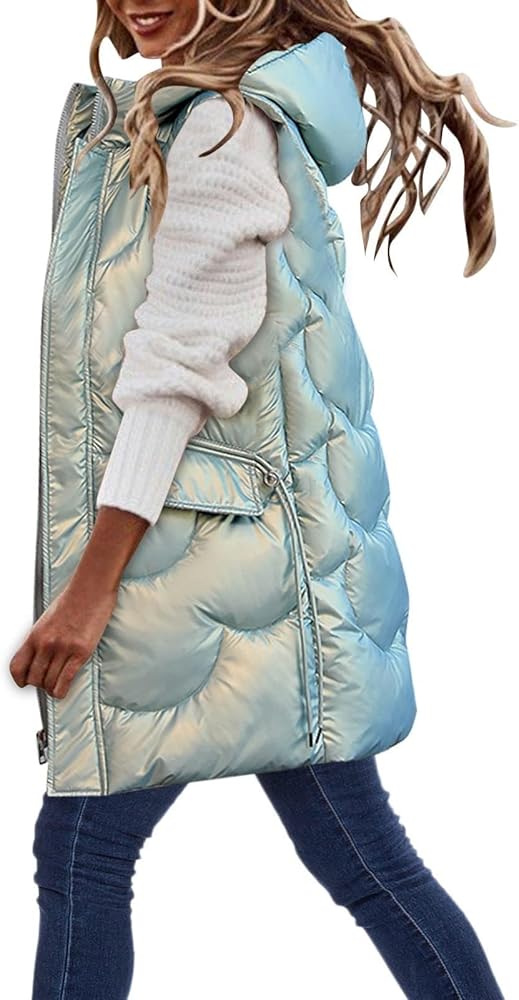 SHOPESSA Long Quilted Puffer Vest Women Sleeveless Hooded Puffer Coat Winter Clothes for Women Plus Cold Weather Clothes