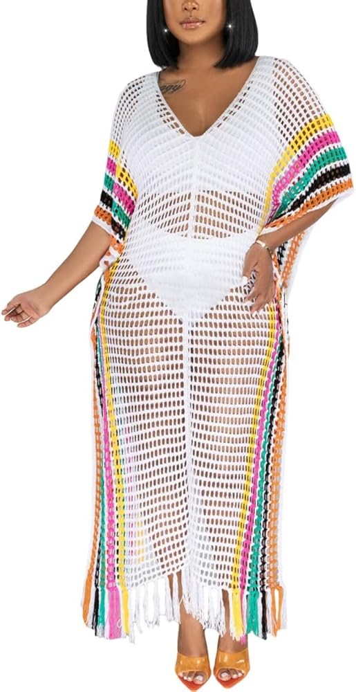 Aro Lora Womens V Neck Hollow Out Color Block Tassel Crochet Side Split Long Dress Swimsuit Cover Ups