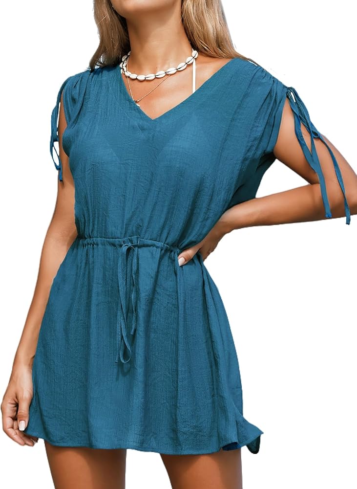 CUPSHE Women's V Neck Cover Up Swimwear Sleeveless Drawstring Casual Summer Beachwear Dress 2024