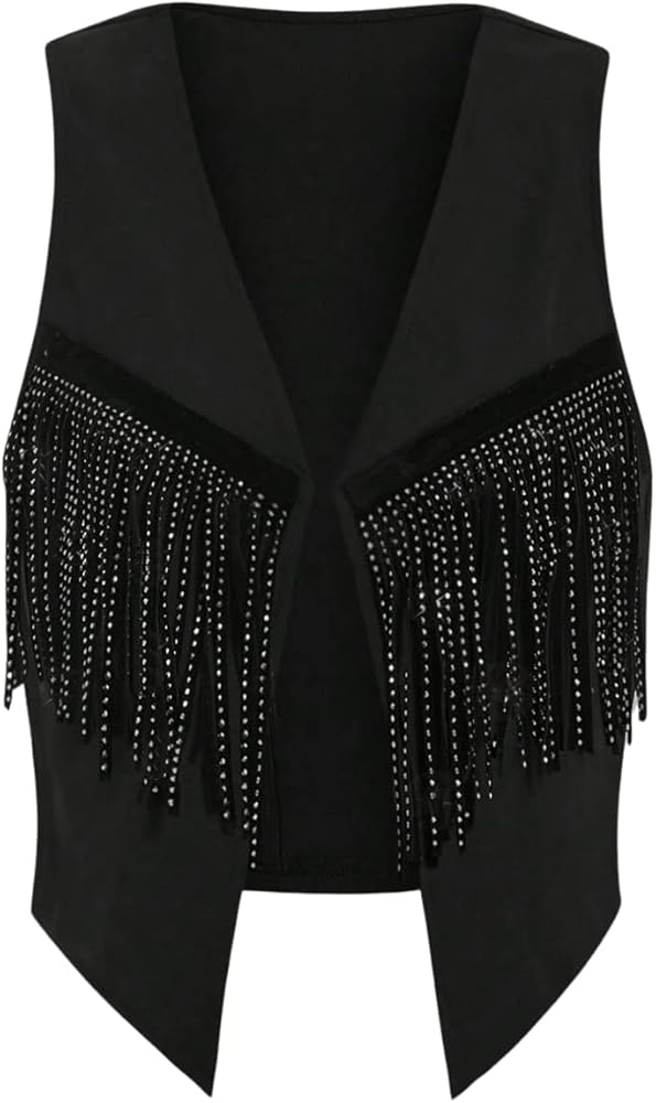 GORGLITTER Women's Glitter Rhinestone Fringe Trim Vest Coat Sleeveless Open Front Jacket