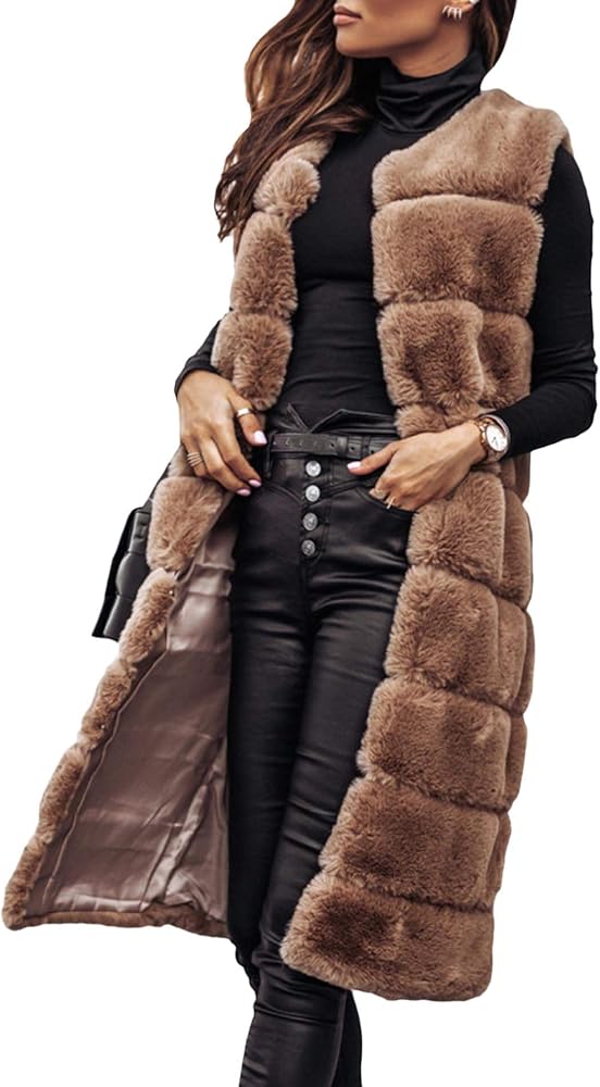 xxxiticat Women's Faux Fur Vest Jacket Sleeveless Round Neck Long Open Front Fleece Fuzzy Waistcoat Outerwear