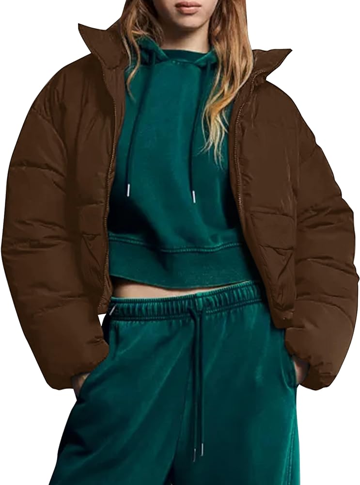 Womens Down Puffer Jacket Winter Cropped Jackets Stand Collar Long Sleeve Zip Casual Puffy Coat with Pockets