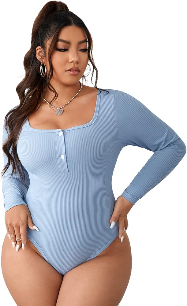 WDIRARA Women's Plus Size Ribbed Scoop Neck Long Sleeve Fitted Tee Bodysuit Top