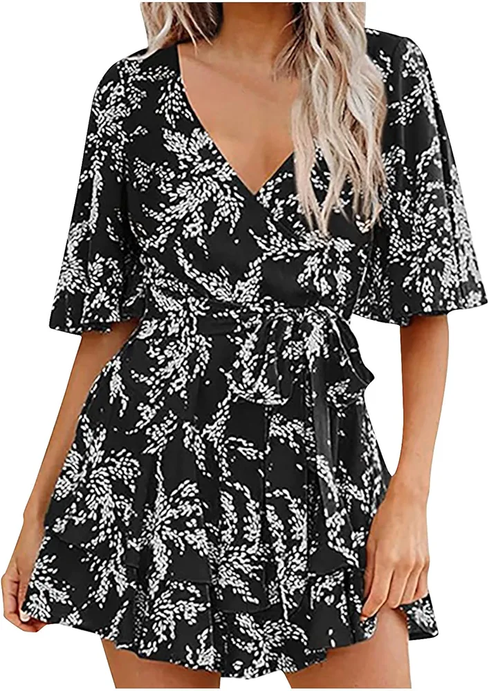 TANGNADE Recent Orders Women’s Summer Floral Print Shorts Jumpsuit Wrap V Neck Ruffle Sleeve Casual Loose Oversized Romper Rompers For Women Casual Dressy Black XL