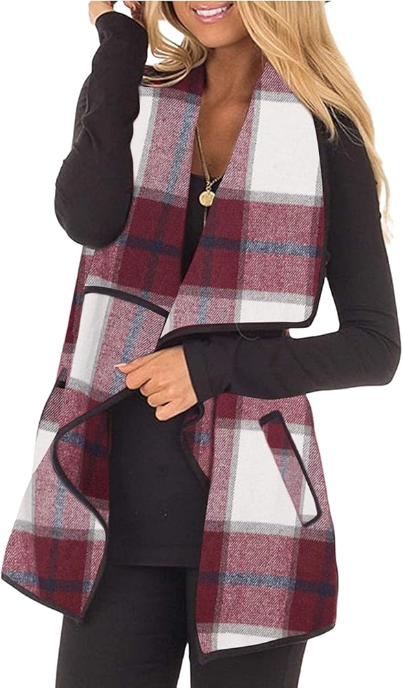 Womens Lapel Vest Open Front Flannel Plaid Buffalo Vest Jackets Sleeveless Sherpa Casual Loose Coat with Pockets