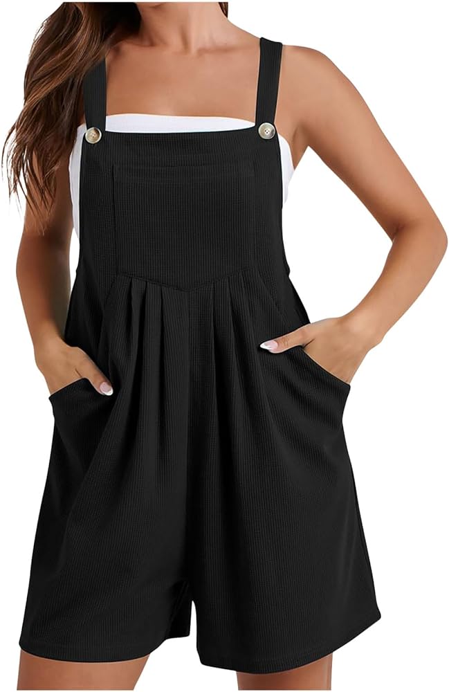 Women's Solid Color Jumpsuit 2024 Summer Casual Loose Sleeveless Rompers Trendy Short Overalls with Pockets