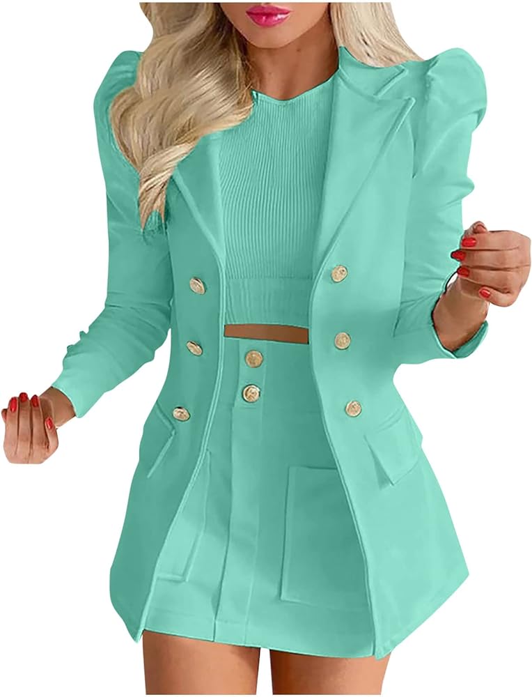 Fashion Business Casual Outfits for Ladies Solid Suits 3 Piece Set Slim Cardigan Blazer Jacket Matching Short Skirts