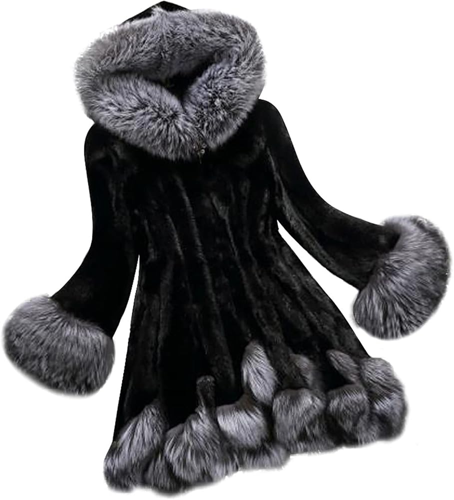 Womens Warm Faux Fur Coat Elegant Winter Jackets for Women Patchwork Cardigan Outerwear Plus Size Furry Hooded Coats