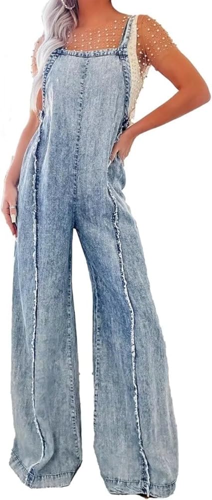 Women Vintage Distressed Denim Jumpsuit Jean Jumpsuit Frayed Fall Casual Romper Wide Leg Overalls