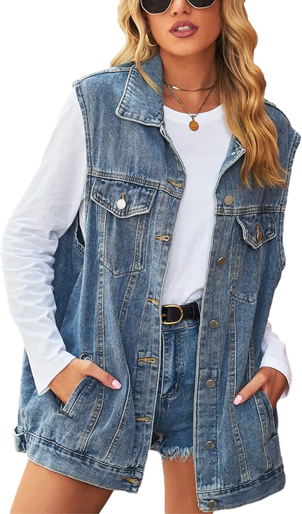 Womens Oversized Denim Vest Washed Distressed Button Down Sleeveless Jean Vest Jacket