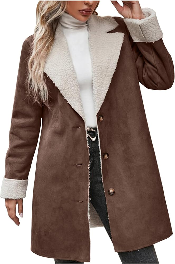 Womens Sherpa Fleece Lined Jacket Lamb Wool Padded Trench Coat Button Lapel Collar Parka Faux Suede Pea Coat Outerwear