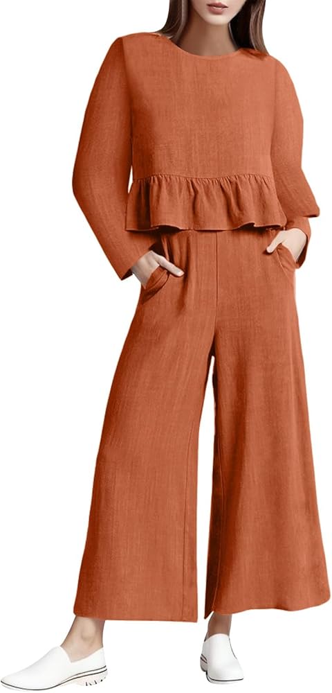 SNKSDGM Lounge Sets for Women Linen 2 Piece Stretchy Outfits Oversized T-Shirt & Wide Leg Pants Set Tracksuit Sweatsuit