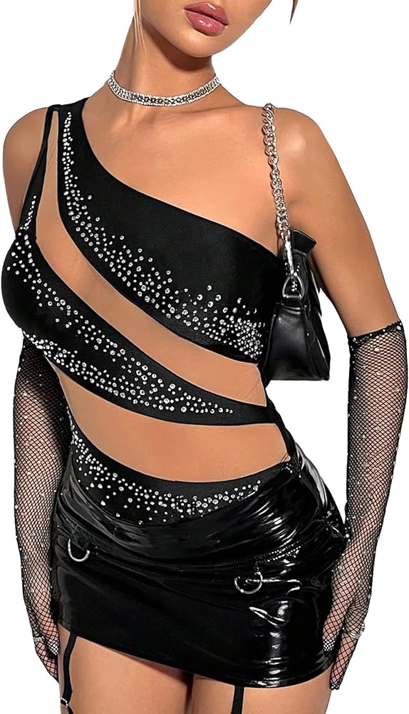 OYOANGLE Women's Rhinestone Sparkly Sheer Mesh One Shoulder Sleeveless Party Tank Bodysuits Tops