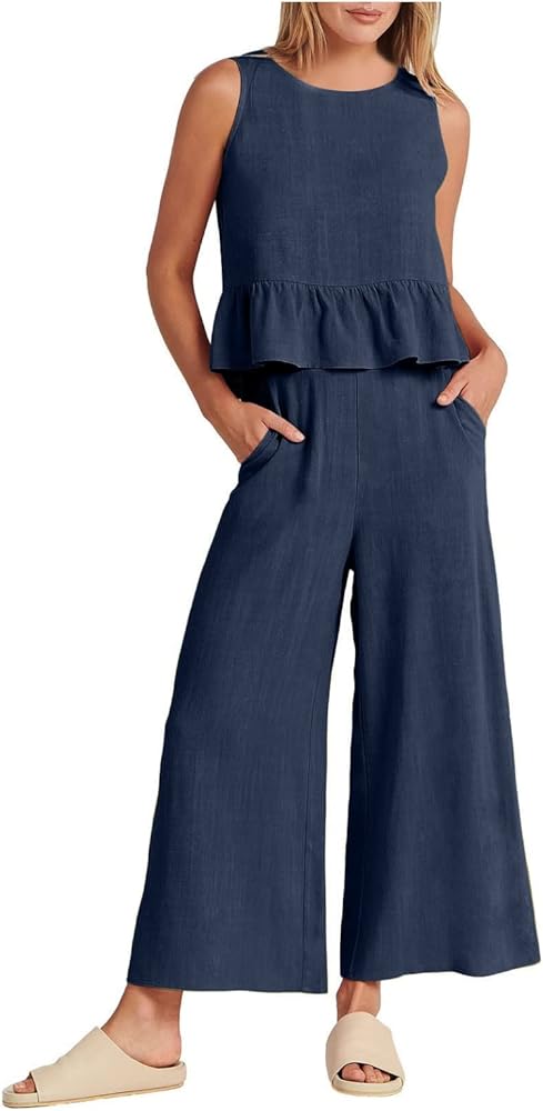 Summer Two Piece Outfits for Women Sleeveless Tank Crop Ruffle Hem Top Capri Wide Leg Pants Set with Pockets Casual Vacation