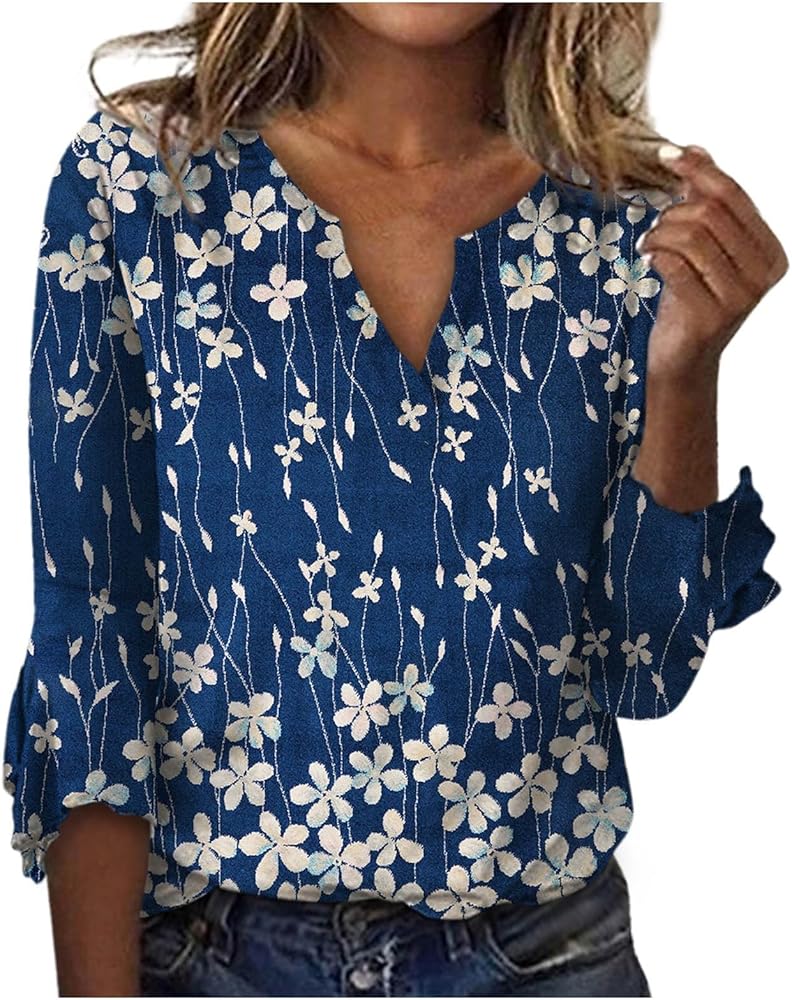 Women Summer Tops Ladies 3/4 Sleeve Notch V Neck Cute Shirts Casual Print Three Quarter Length T Shirt Pullover Blouse