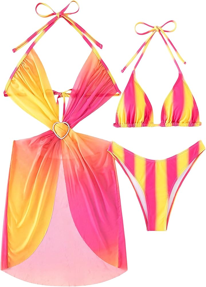 OYOANGLE Women's 3 Piece Bikini Set Colorblock Ruched Triangle Halter Tie Backless High Cut Swimsuit with Cover Ups