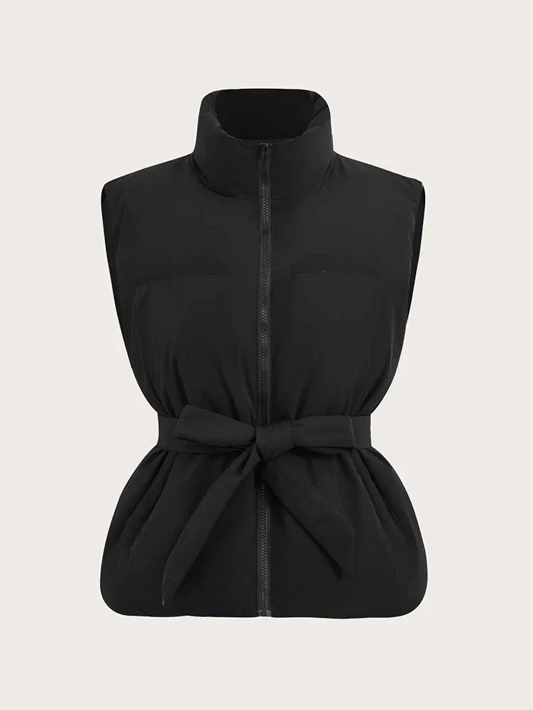 Jackets for Women Slant Pockets Belted Vest Puffer Coat Jackets for Women (Color : Black, Size : Small)