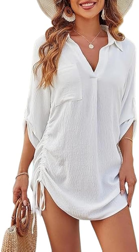 Swimsuit Coverup for Women Drawstring Beach Cover Ups V-Neck Bathing Suit Cover Up Beach Dress Shirt