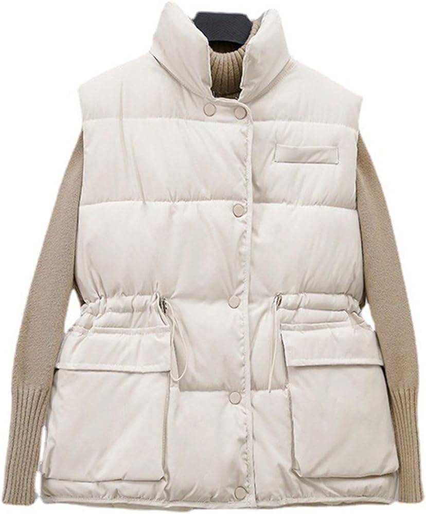 Girls Puffer Vest,Stand Collar Quilted Vest,Women's Elegant Tie Waist Vest Coat,Thicken Button Down Jackets Pockets