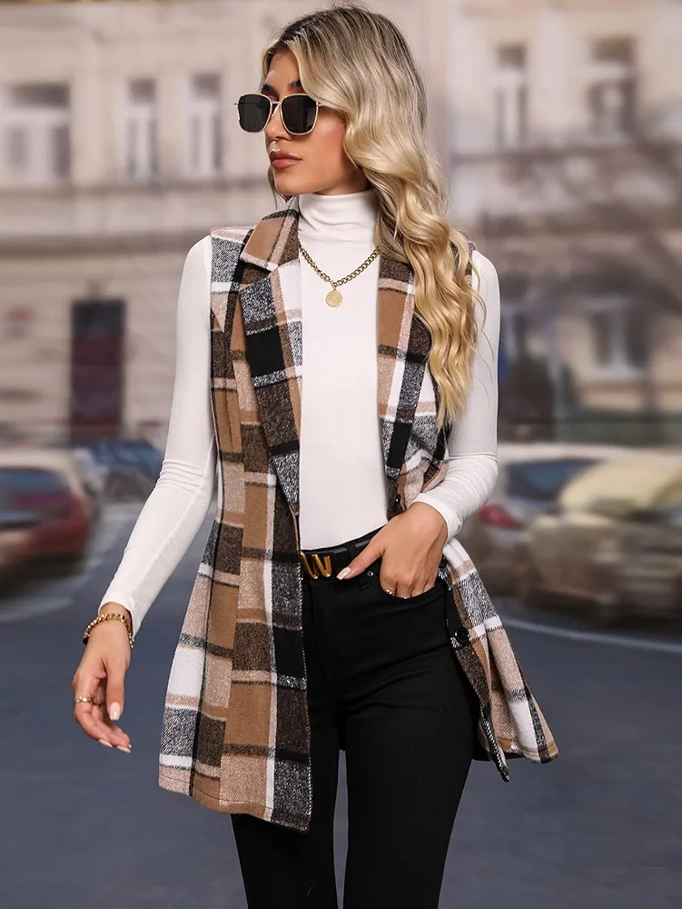 Jackets for Women - Plaid Lapel Neck Vest Coat (Color : Coffee Brown, Size : Small)