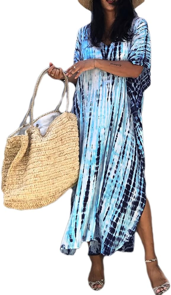 Eddoyee Plus Size Beach Kaftan dresses for women Print V-neck Long Swimsuit Cover Ups