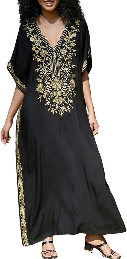 Eddoyee Women Kaftan Dresses Ethnic Embroidered Caftan Loungewear V-neck Loose Beach Bathing Suit Cover-Ups